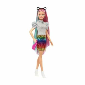 Papusa Barbie Leopard cu par curcubeu