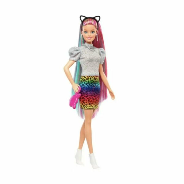 Papusa Barbie Leopard cu par curcubeu