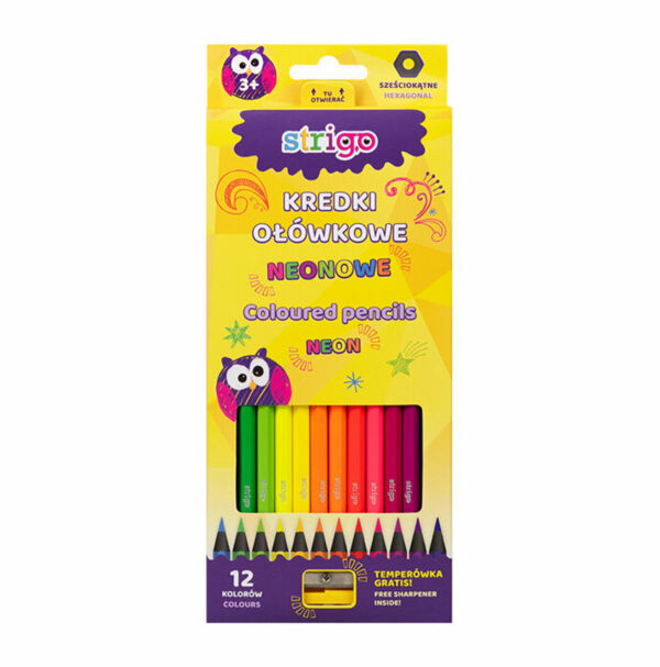 Set 12 creioane colorate cu ascutitoare - Strigo Neon | Strigo