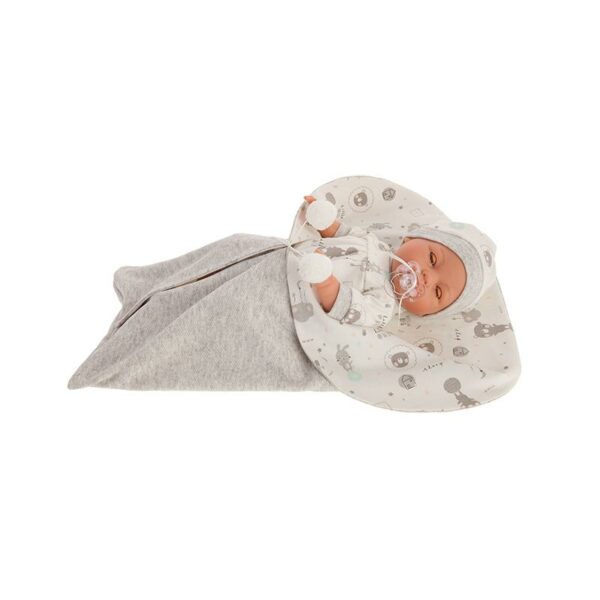 Papusa fetita Bimbo, cu saculet de dormit gri, 37 cm, Antonio Juan