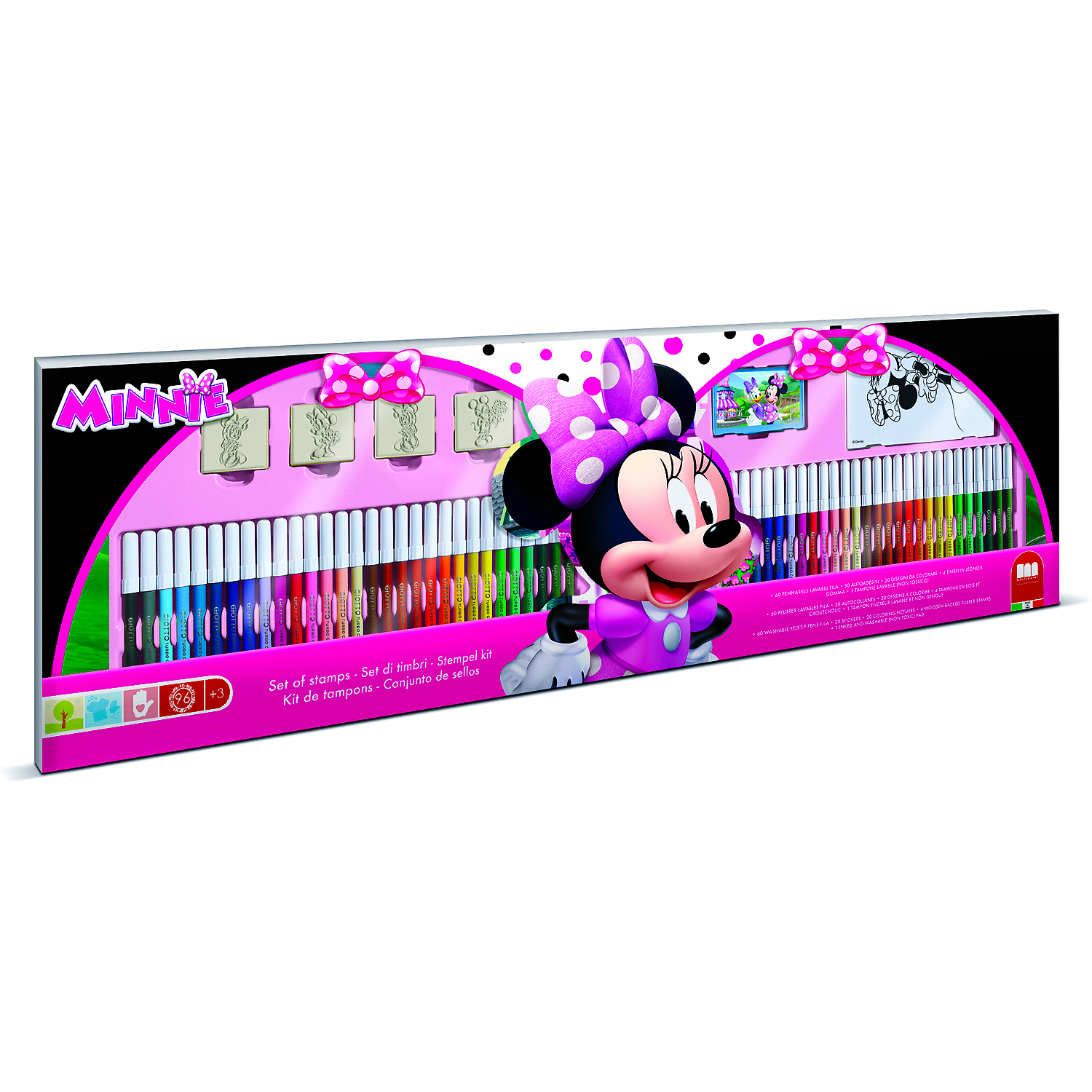 Set pictura 96 piese, 4 stampile, tus, 60 carioci, 30 stickere si caiet cu activitati Minnie Multiprint MP18866
