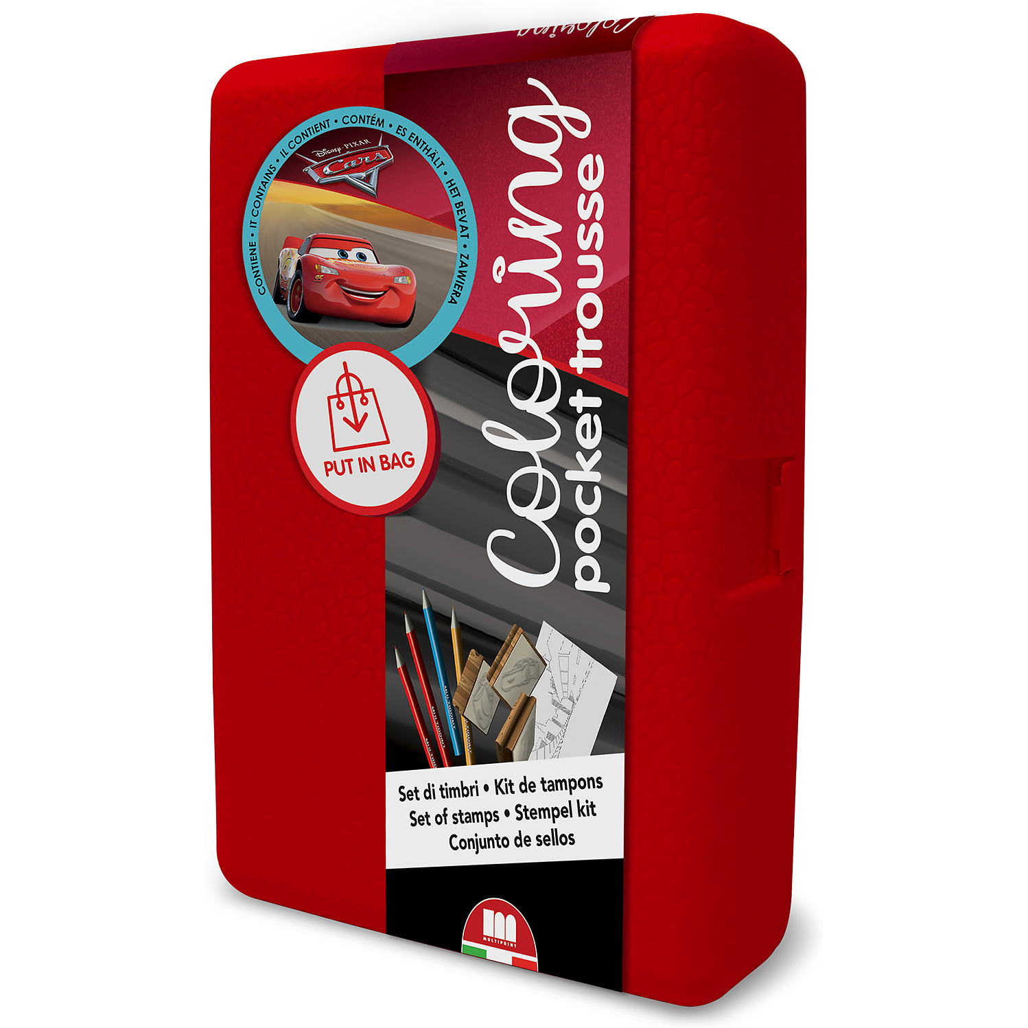 Set pictura 11 piese, 3 stampile, tus, 5 creioane, caiet cu activitati si gentuta transport Cars Multiprint MP85823