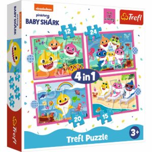Puzzle 4 in 1, Trefl, Familia rechinilor Baby Shark ( 12, 15, 20 si 24 piese)