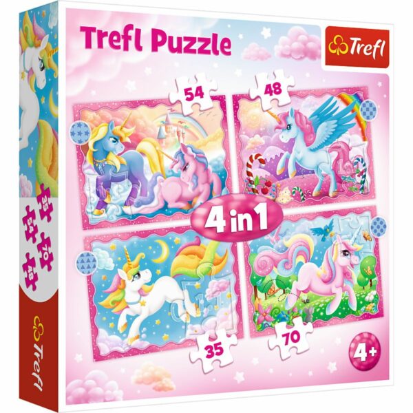 Puzzle Trefl 4 in 1, Unicorni si magie (35, 48, 54, 70 piese)