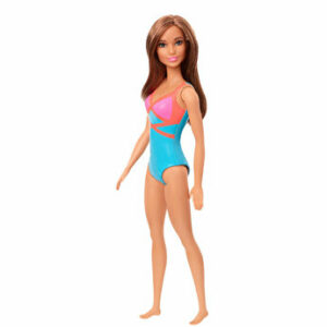 Papusa Barbie satena cu costum de baie rosu-albastru