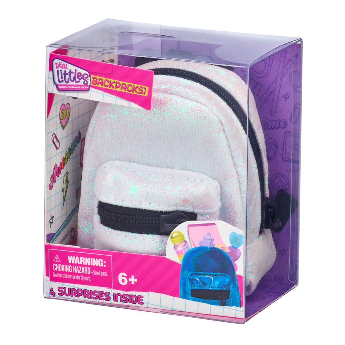 Mini ghiozdanel cu 4 surprize, Real Littles, S3, Alb cu sclipici