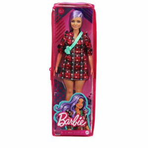 Papusa Barbie Fashionista cu parul mov si rochita cu stelute