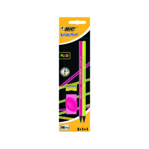 Set 2 creioane cu radiera si ascutitoare Evolution Fluo Bic, Roz