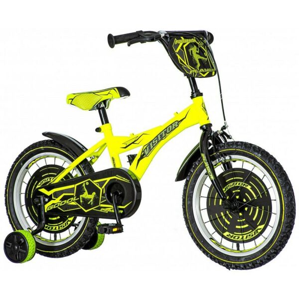 Bicicleta 16 inch 2 roti ajutatoare frana v brake footbal galben neon