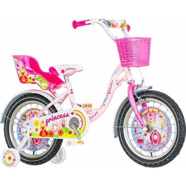 Bicicleta 16 inch cos si scaun papusi roti ajutatoare princess roz