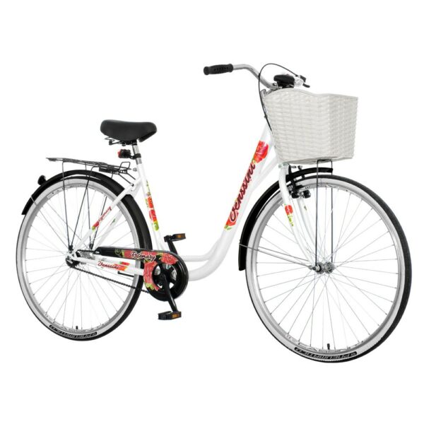 Bicicleta dama, 28 inch, cadru otel, cos frontal alb, portbagaj, venssini rosemary