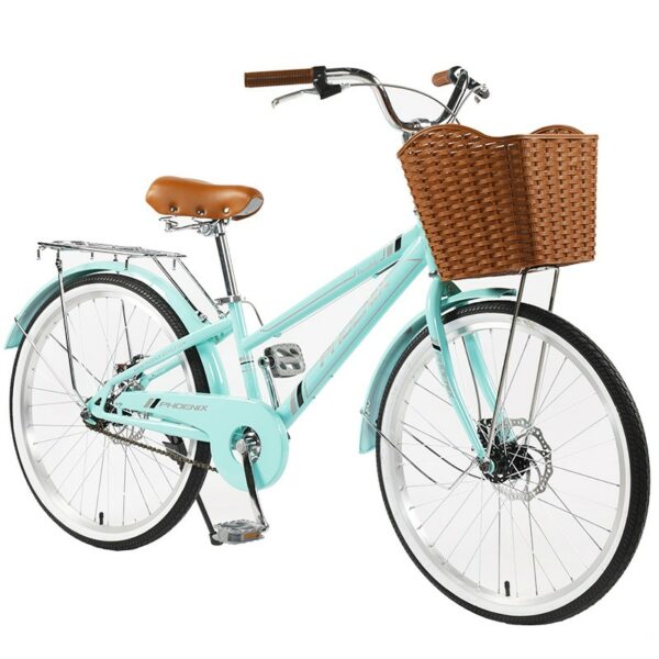 Bicicleta dama cu cos roti 24 inch cadru otel 13 frane v brake albastru deschis