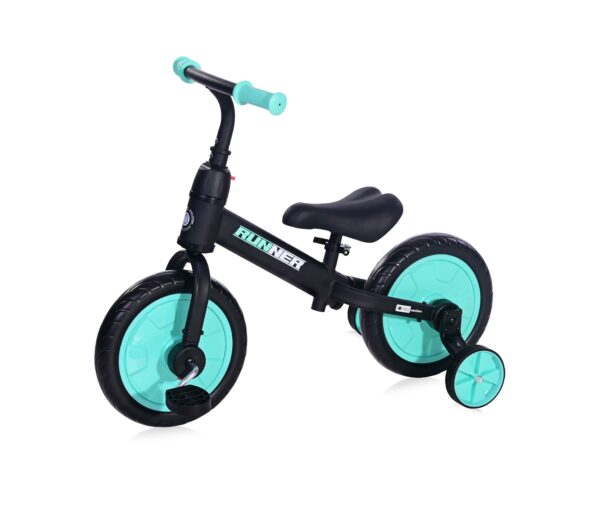Bicicleta de echilibru 2in1, runner cu pedale si roti auxiliare, black & turquoise