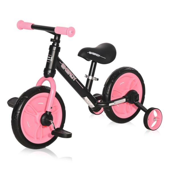 Bicicleta energy cu pedale si roti ajutatoare black pink