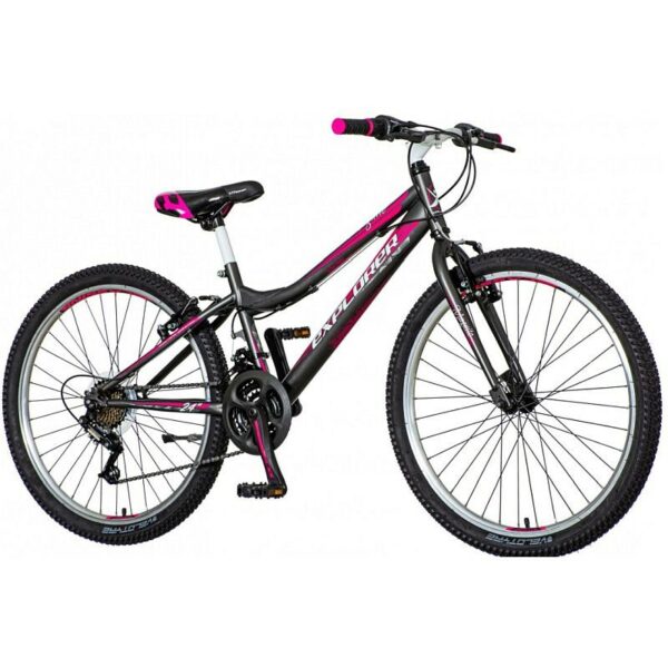 Bicicleta mtb 24 inch pentru dama 18 viteze power cadru otel v brake gri roz explorer magnito