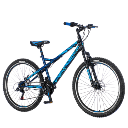 Bicicleta mtb 26 inch 18 viteze schimbator shimano frane pe saboti amortizoare explorer albastru