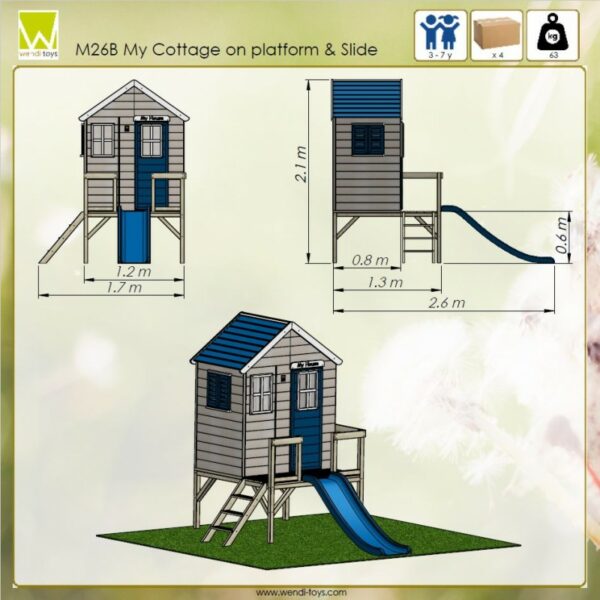 Casuta de gradina My Blue Cottage House cu platforma si tobogan M26B Wendi Toys 294654 4