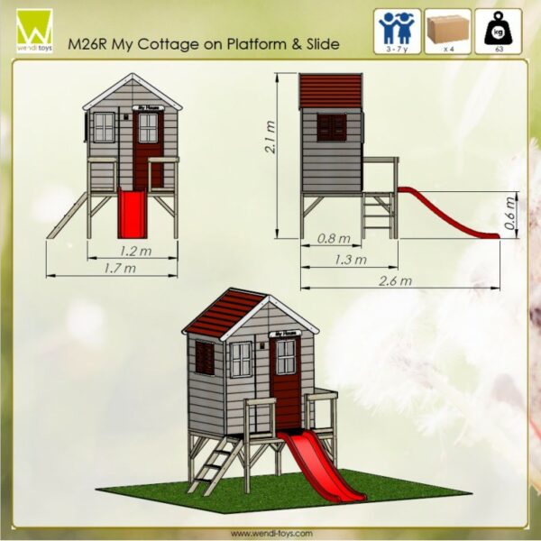 Casuta de gradina My Red Cottage House cu platforma si tobogan M26R Wendi Toys 294655 5