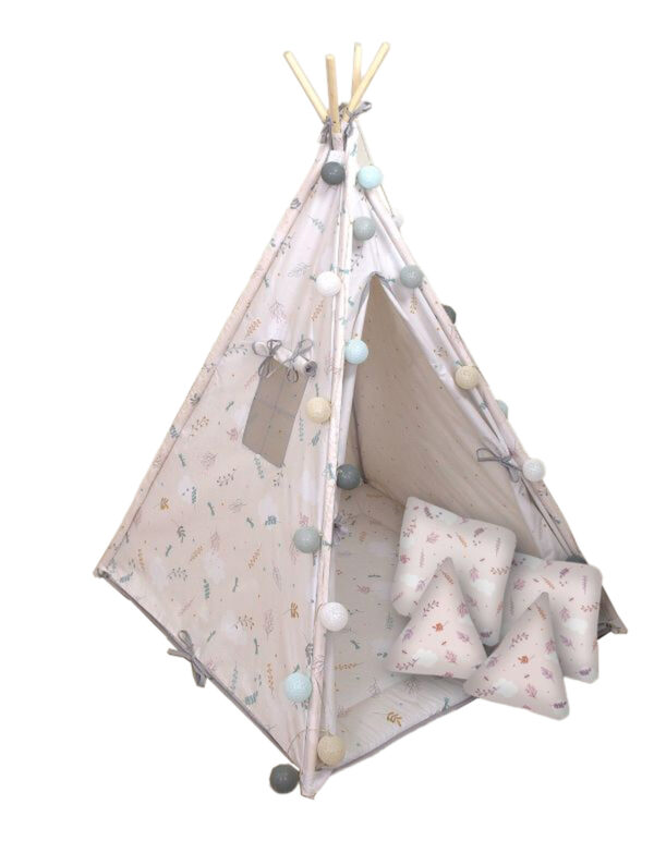 Cort de joaca airy reversibil, cu saltea impermeabila inclusa, indian teepee din bumbac, bej