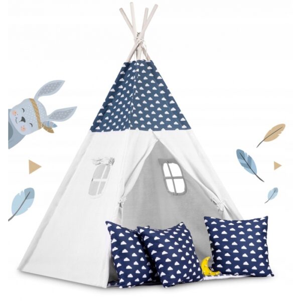 Cort de joaca pentru copii cu ghirlanda, 3 pernite si lampa led luna, ricokids 740404, 120 x 120 x 165 cm - bleumarin