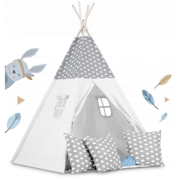 Cort de joaca pentru copii cu ghirlanda, 3 pernite si lampa led norisor, ricokids 740401, 120 x 120 x 165 cm - gri
