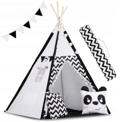 Cort de joaca pentru copii cu ghirlanda lumini si 2 pernite ricokids 740005 120 x 120 x 165 cm panda