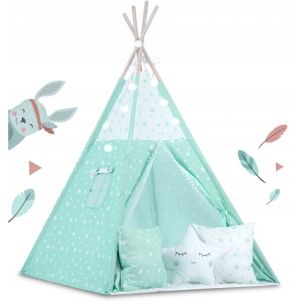 Cort de joaca pentru copii cu ghirlanda,lumini si 3 pernite ricokids 740004, 120 x 120 x 165 cm - mint