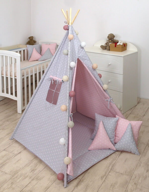 Cort de joaca stars reversibil, cu saltea impermeabila inclusa, indian teepee din bumbac, roz gri
