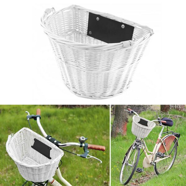 Cos ratan alb pentru bicicleta, montare ghidon, toarta rabatabila, design vintage