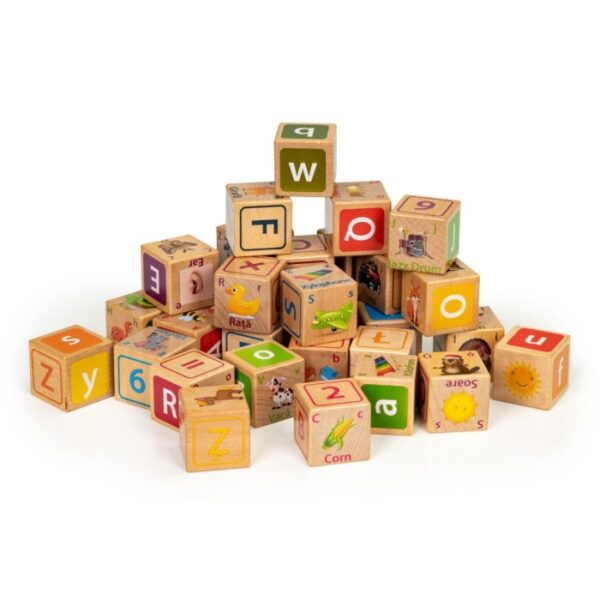 Cuburi educationale din lemn cu litere cifre si imagini ecotoys hm014520