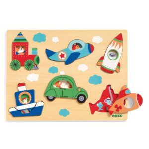 Puzzle lemn vehicule cu surprize djeco