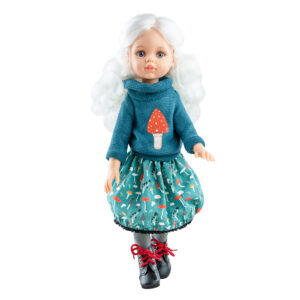 Papusa cecile 32 cm, 10 articulatii, in tinuta fancy mushroom, amigas - paola reina
