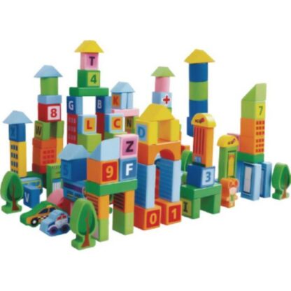 Set educational cu blocuri din lemn 100 piese ecotoys sr19005