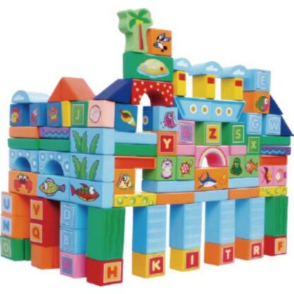 Set educational cu blocuri din lemn 100 piese ocean ecotoys sr19006