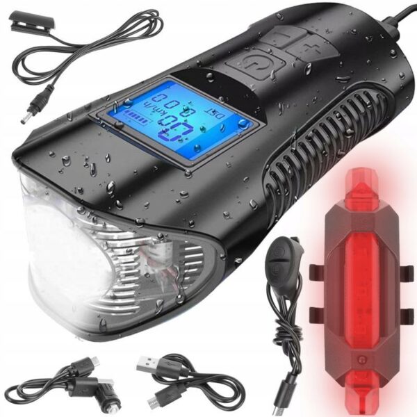 Set stop si far pentru bicicleta, cu kilometraj lcd 5 functii, 4 moduri iluminare, reincarcabile microusb