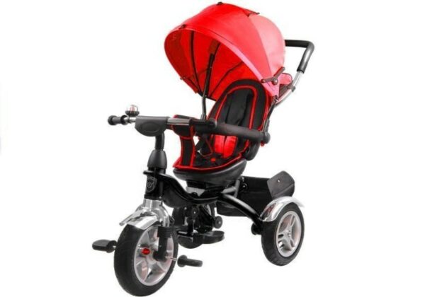Tricicleta cu pedale pentru copii cu scaun rotativ si copertina rosie leantoys 7671
