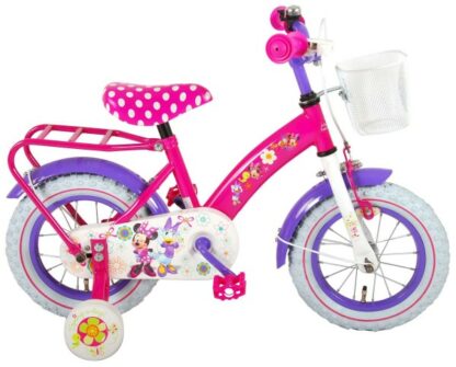 bicicleta copii volare minnie mouse cu roti ajutatoare 12 inch partial montata cu portbagaj metalic