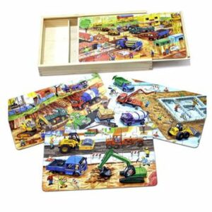 Puzzle 4 in 1 din lemn in cutie cu tematica ? Vehicule santier, WD 9003B