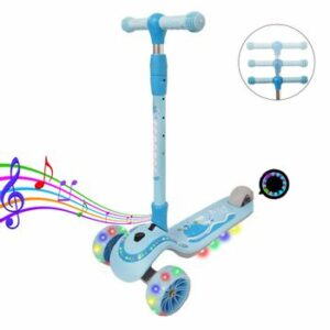 Trotineta cu 3 roti late, luminite multicolore si muzica, reglabila, 3-8 ani, 80kg, Albastru, PC 70-B