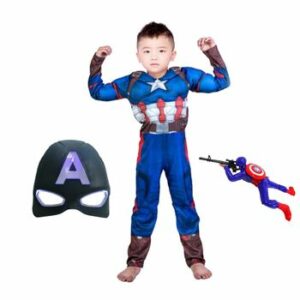 Set costum Captain cu muschi, marimea M, 5 - 7 ani, masca si figurina inclusa