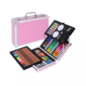Set 145 piese pentru desen si pictura, in geamantan roz, creioane colorate, carioci, acuarele