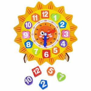 Ceas din lemn pentru copii, Puzzle Sunflower Clock cu forme geometrice, WD 9558-B