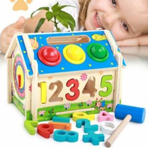 Casuta de jucarie din lemn cu 5 tipuri de activitati educative, multifunctionala, 19 x 14 x 15 cm, WD 2031