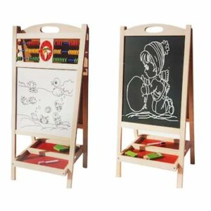 Tabla Multifunctionala Dubla din Lemn 70 x 37cm cu 2 Fete + Ceas, Abacus, Set Creta Colorata si Buretel, WD 4009