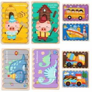 Set 4 Puzzle-uri betisoare din lemn, cu dubla ilustratie si suport incastru, WD 2050-B