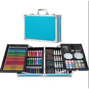 Set 145 piese pentru desen si pictura, in geamantan albastru, creioane colorate, carioci, acuarele