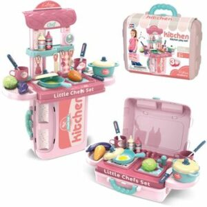 Bucatarie Troller de Jucarie 3 in 1 Little Chefs cu accesorii, roz