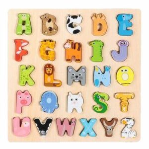 Puzzle incastru educativ din lemn cu 26 litere mari si ilustratii cu animale, WD 9552