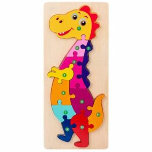 Jucarie educativa, puzzle 3D din lemn incastru, Dinozaur cu cifre, 11 piese, WD 2051-E