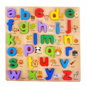 Puzzle incastru din lemn cu 26 de litere mici multicolore si ilustratii reprezentative in Limba Engleza, WD 9575